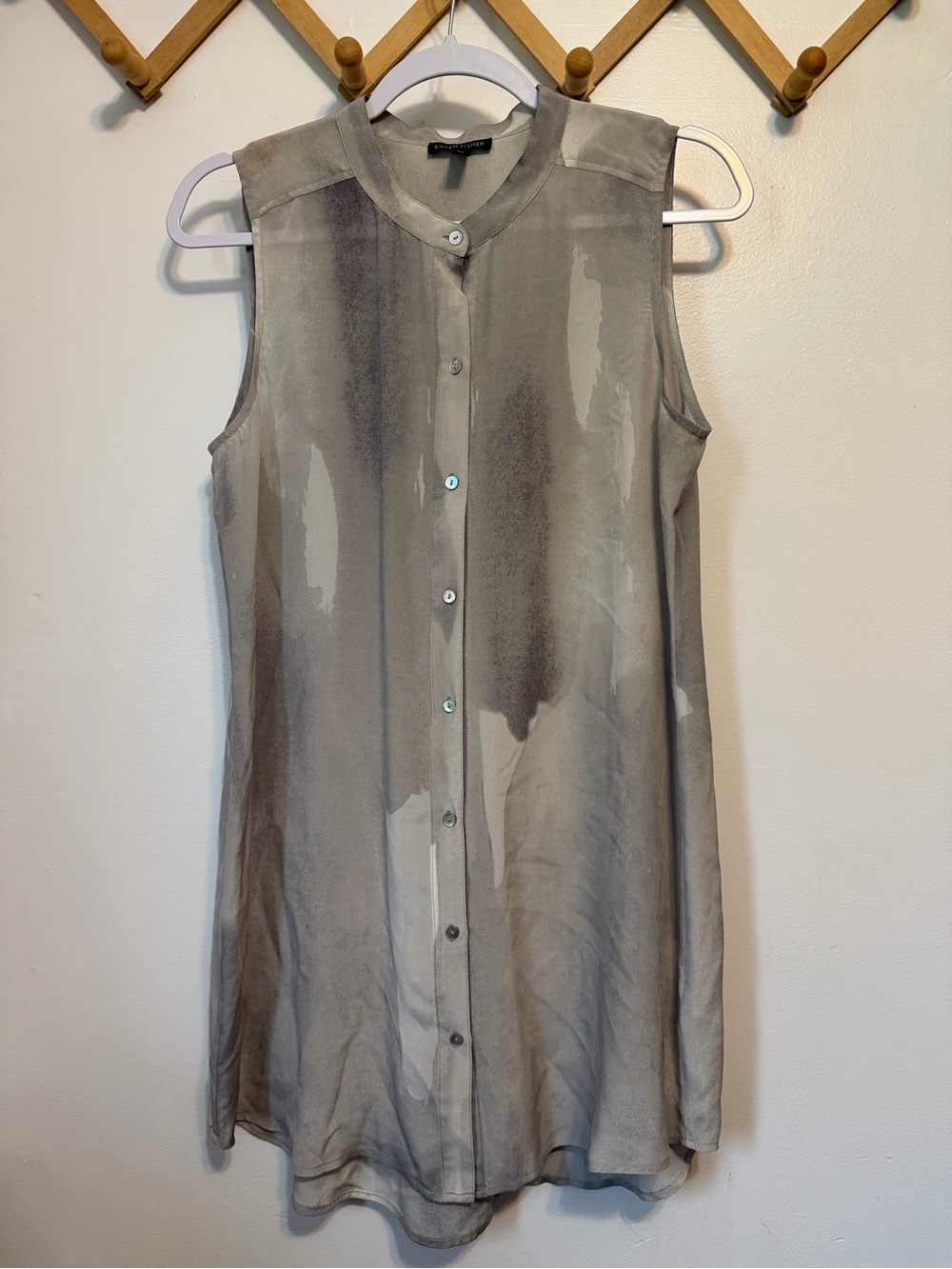 Eileen Fisher 100% Silk Oxidized Printed Silk Georgette Bone Shirt  Small Tunic